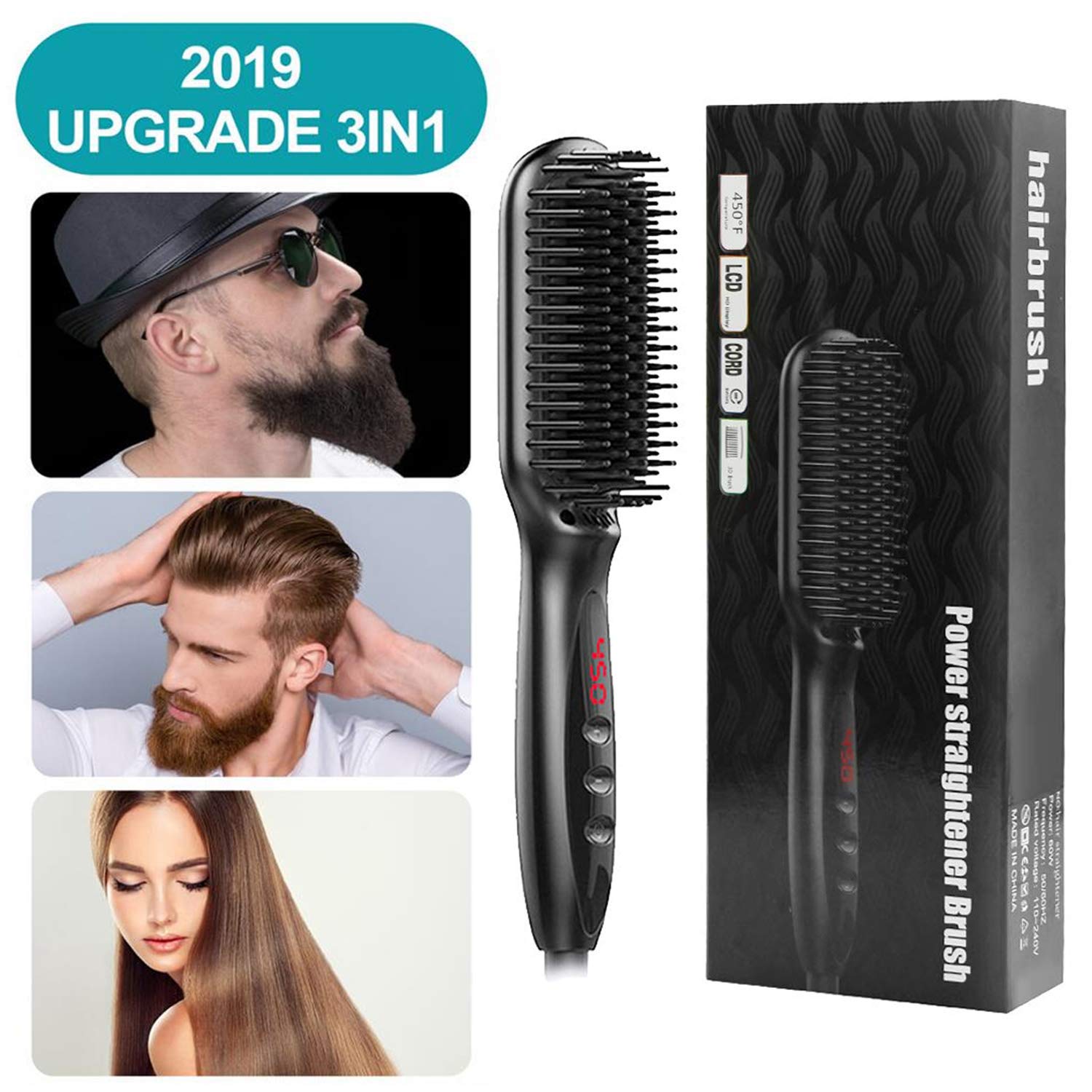 MANLI Ionic Hair Straightener Brush, MCH Ceramic Heating, LED Display, Adjustable Temperatures, Anti Scald Hair Straightening Brush, Portable Frizz-Free Hair Care Silky Straight Heated Comb