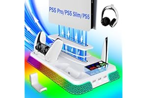 LHFDIAN PS5/Slim/Pro Stand and Cooling Station with LED Controller Charging Station for PlayStation 5 Console,Accessories Incl.Controller Charger,PS5 Cooling Fan,Headset Holder,3 USB Hubs (pyramid-white)