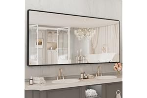 pertetey New Upgrade 77X36 Inch Wall Mounted Bathroom Mirror, Black Metal Frame Rounded Rectangle Mirror, Bathroom Vanity Mirror with Tempered Glass for Washroom Bedroom Living Room