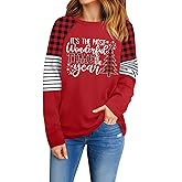 OCURHU Long Sleeve Christmas Shirts for Women Merry Christmas Leopard Striped T-Shirt Xmas Graphic Holiday Tops