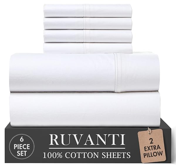 RUVANTI 100% COTTON PERCALE SHEETS, QUEEN SIZE, 6 PIECE SET, BRIGHT WHITE