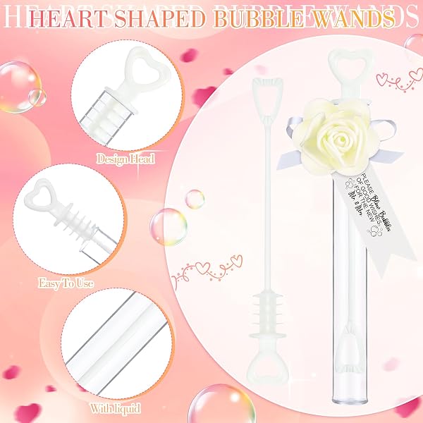 PULLCREASE 200 SET VALENTINE’S DAY WEDDING BUBBLE WANDS BULK SET INCLUDE MINI HEART BUBBLE WAND WITH REFILL FLOWER RIBBON AND TAGS FOR WEDDING SEND OFF GUESTS ANNIVERSARIES PARTY FAVOR(CREAM WHITE)