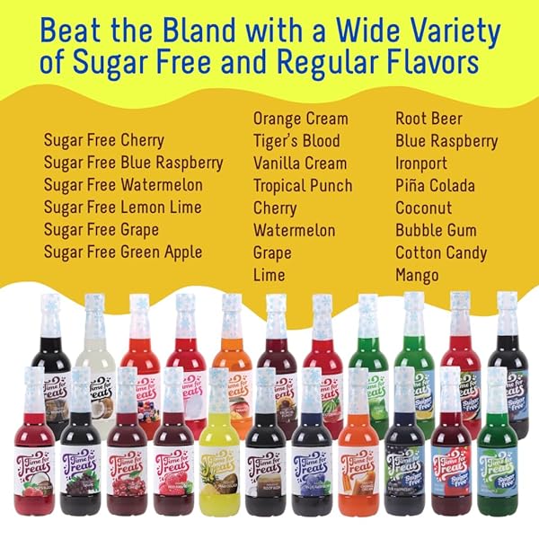 TIME FOR TREATS 3-PACK SUGAR FREE CHERRY, BLUE RASPBERRY, WATERMELON SYRUP 16.9 FLUID OUNCE PER BOTTLE FOR SNOW CONES, HOMEMADE SODAS, COCKTAILS, COFFEE, BAKING AND MORE