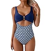 Eomenie Women's One Piece Swimsuit Tummy Control Ruched Bathing Suit Cutout V Neck Swimwear High Cut Tie Back Swim Suit