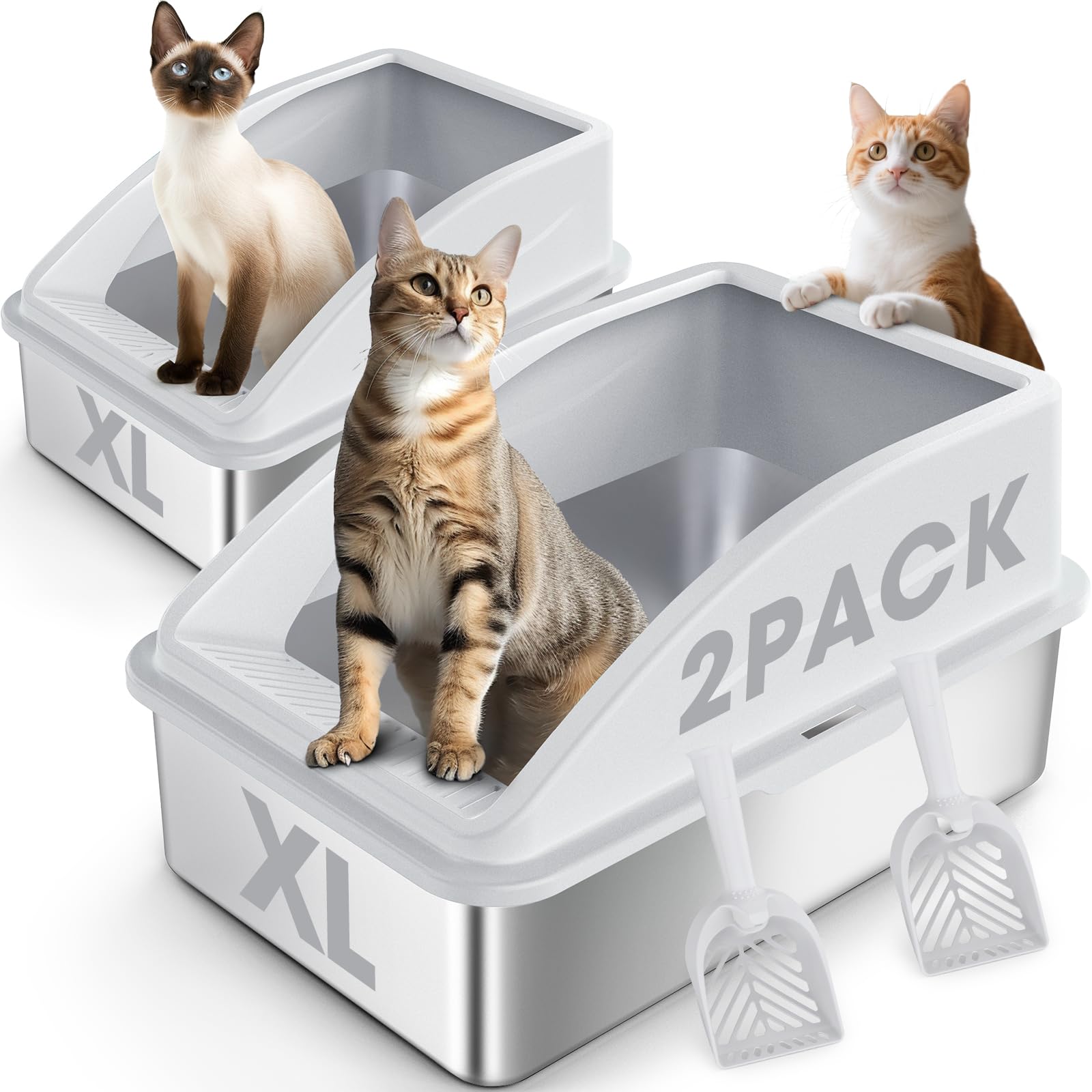 Photo 1 of 2 Pack Stainless Steel Litter Box | XL Enclosed Cat Litter Boxes with Lid for Big Cats and Multi-Cats | High Sided, Anti-Urine Leakage | Non-Stick Bottom?Silver Gray?