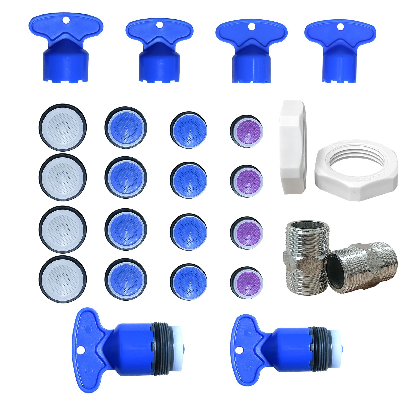 ZephyrCraft Tap Aerator, 16 Pcs Aerator M16/M18/M21.5/M24 Replacement with 4 Pcs Faucet Aerator Key Removal Wrench Tool and 2 pcs 1/2 Inch Double Nipples Built-in External Wire Aerator