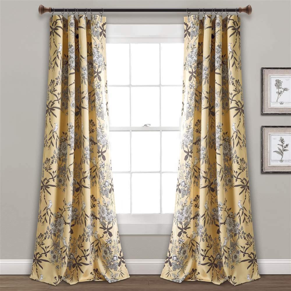 Lush Decor Botanical Garden Curtains Floral Bird Print Light Filtering Window Panel Drapes Set for Living, Dining, Bedroom (Pair), Yellow, 52" W x 84L