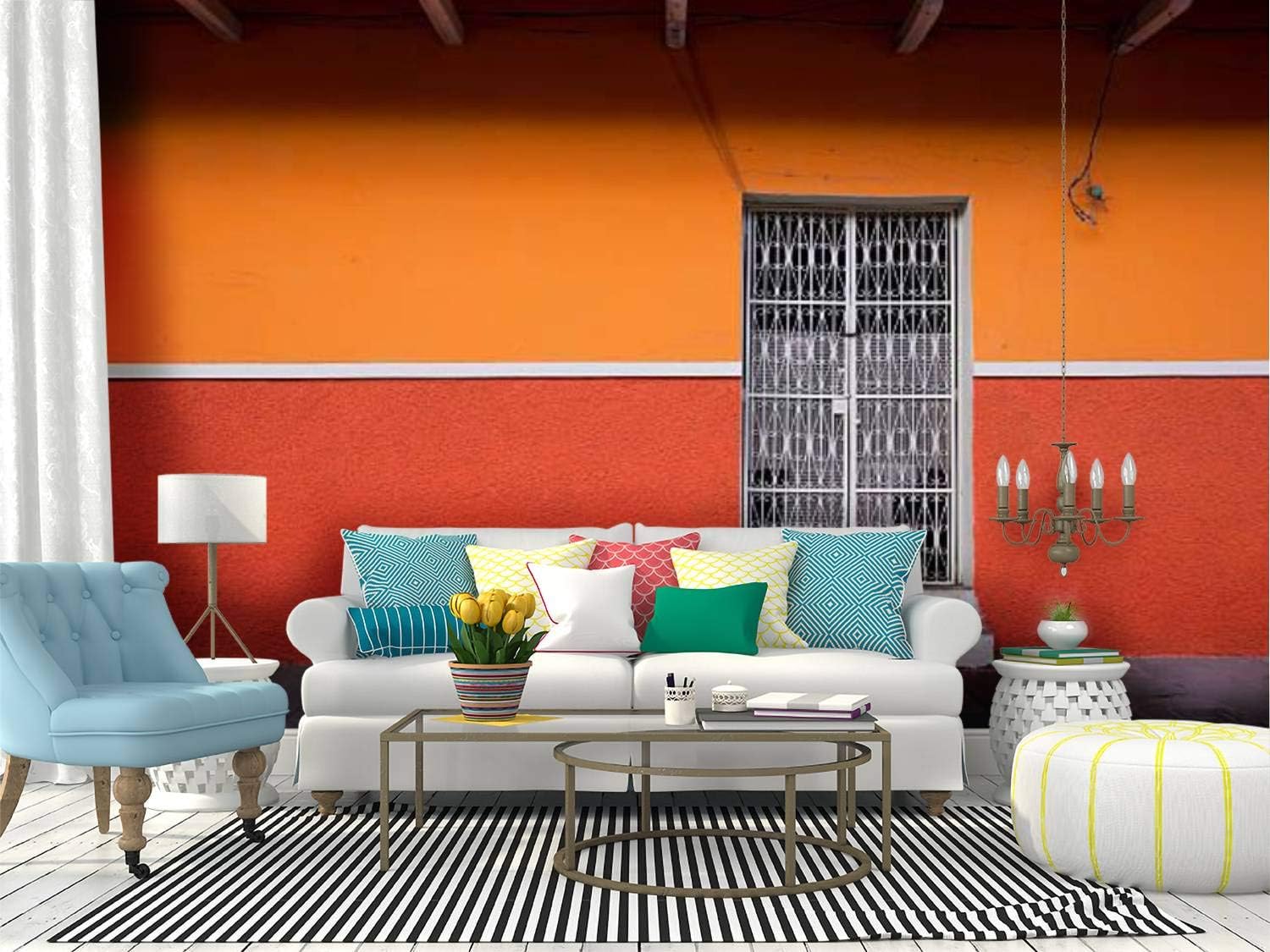 Wrought Iron Door and Orange Wall Canvas Print Wallpaper Wall Mural Self Adhesive Peel & Stick Wallpaper Home Craft Wall Decal Wall Poster Sticker for Living Room