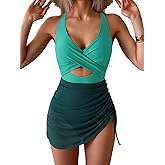 B2prity Women Mesh One Piece Swimdress Swimsuit Tummy Control Cutout V Neck Bathing Suit Wrap Drawstring Sarong Swimwear