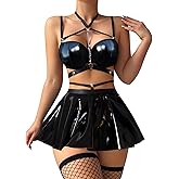 Foxiny Sexy Stocking Chain Strappy Pu Leather Underwire Choker Mini Skirt Dress Lingerie Set with Thong 4 Piece Outfits