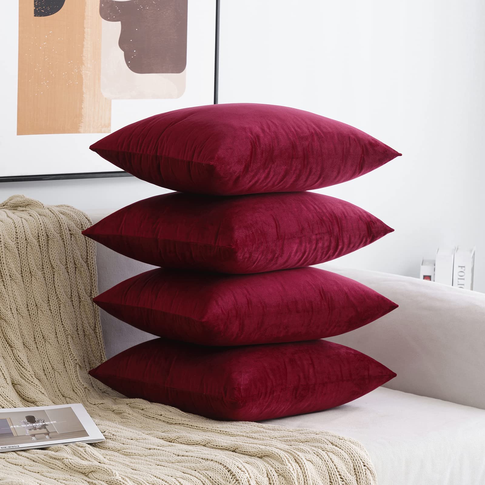 MIULEE Set of 4 Velvet Cushion Covers Soft Decorative Square Throw Pillow Cover Luxury Pillowcases for Livingroom Sofa Bedroom with Invisible Zipper 40cm x 40cm,16x16 Inches Burgundy