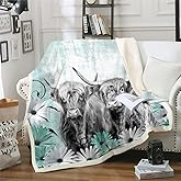Erosebridal Highland Cow Blanket Throw,Longhorn Cow Print Blankets and Throws for Bed Couch,Western Farmhouse Animal Fleece Blanket 50"x60",Teal Floral Daisy Decor for Bedroom Living Room Home
