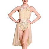 ODASDO Women's Lyrical Dance Costumes Sleeveless Sequin Mesh Tulle Flowy Leotard Dress for Recital Solo Stage Performance