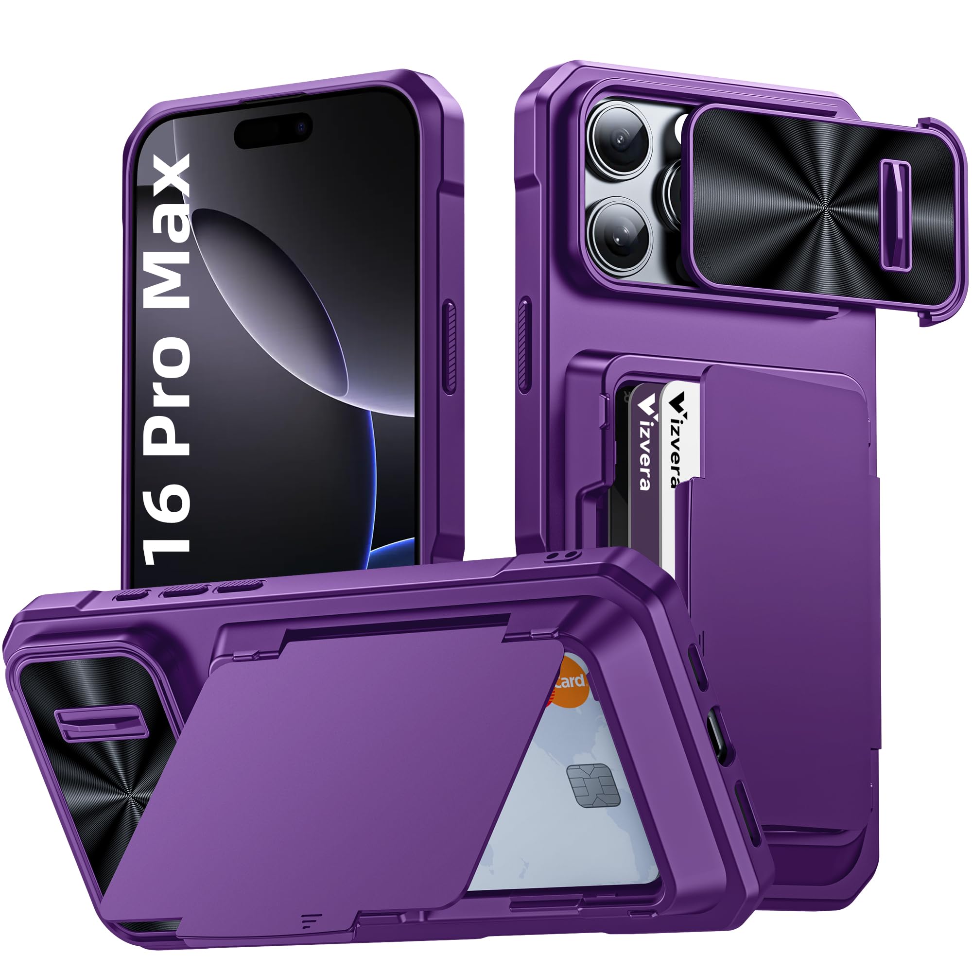 Vizvera iPhone 16 Pro Max Case with RFID Card Holder, Slide Camera Cover, Kickstand, Matte Hard Back, TPU Soft Edge Case - Purple