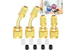 Ruibapa R410a Mini Split Adapter 5/16 Female 1/4 Male Flare Charging Vacuum Port Adapter with 4 Sealing Plugs for Air Conditioners HVAC Refrigeration 2 Straight+2 Angled Adapter