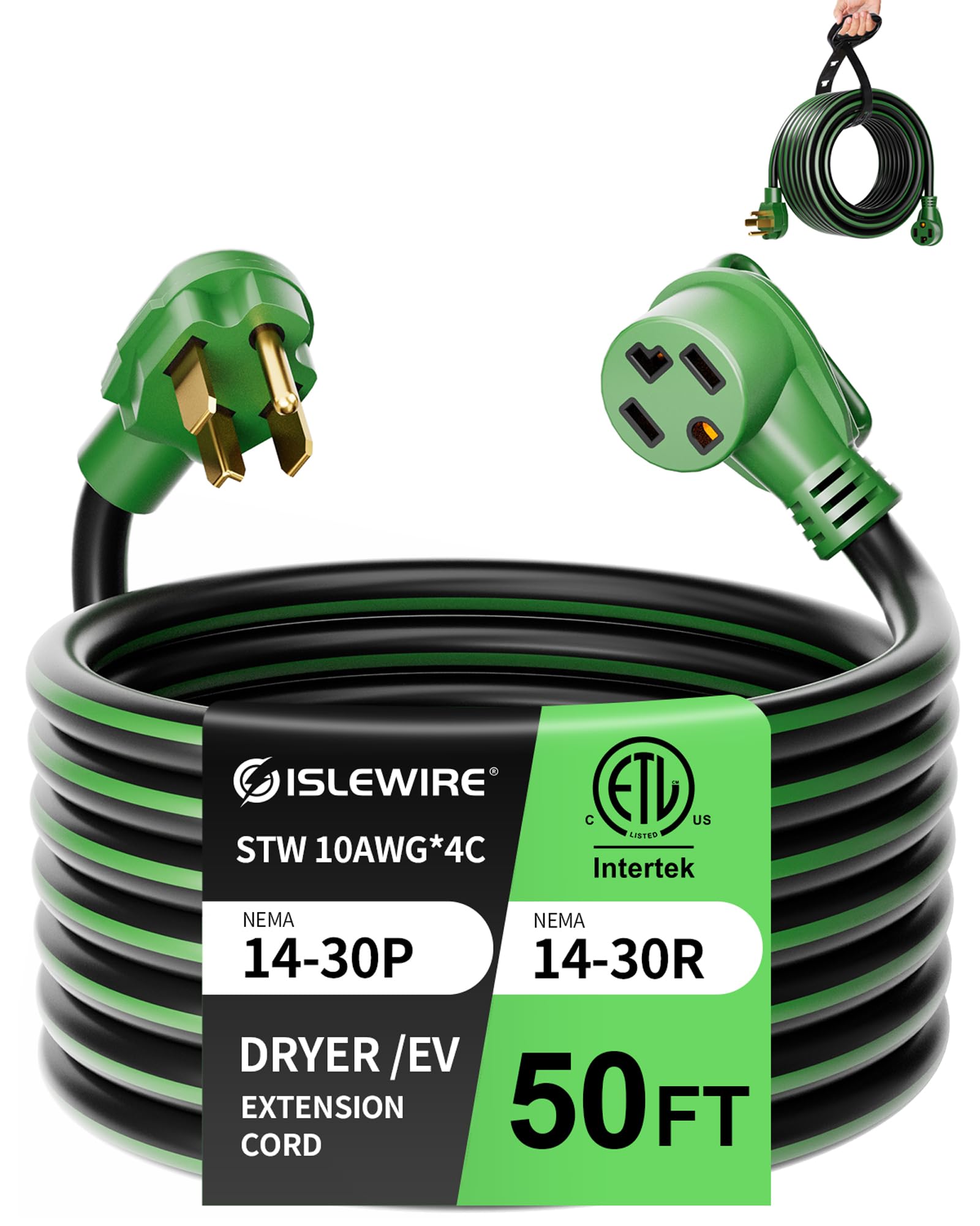 Photo 1 of islewire 30-Amp 4-Prong Dryer EV Extension Cord, 50 Feet, NEMA 14-30P to 14-30R, 125V/250V Heavy Duty STW 10AWG/4, Use for Tesla Model 3/Y/X/S, Level 2 EV Charging & Dryer Power Extension, ETL Listed
