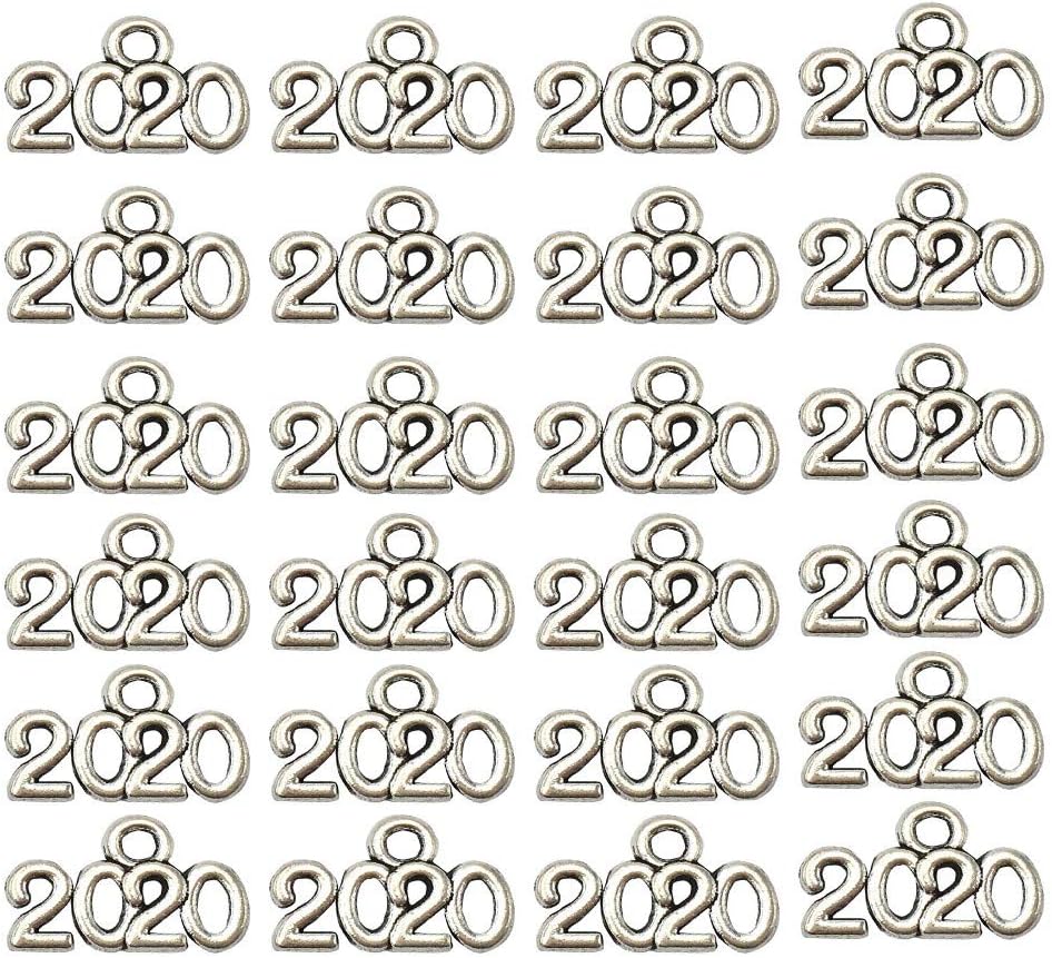 Dohuge 100pcs 14x10mm Year 2020 Charms Alloy 2020 Year Letter Charms for Jewelry Making Handcraft Work Graduation Tassel DIY- Antique Silver