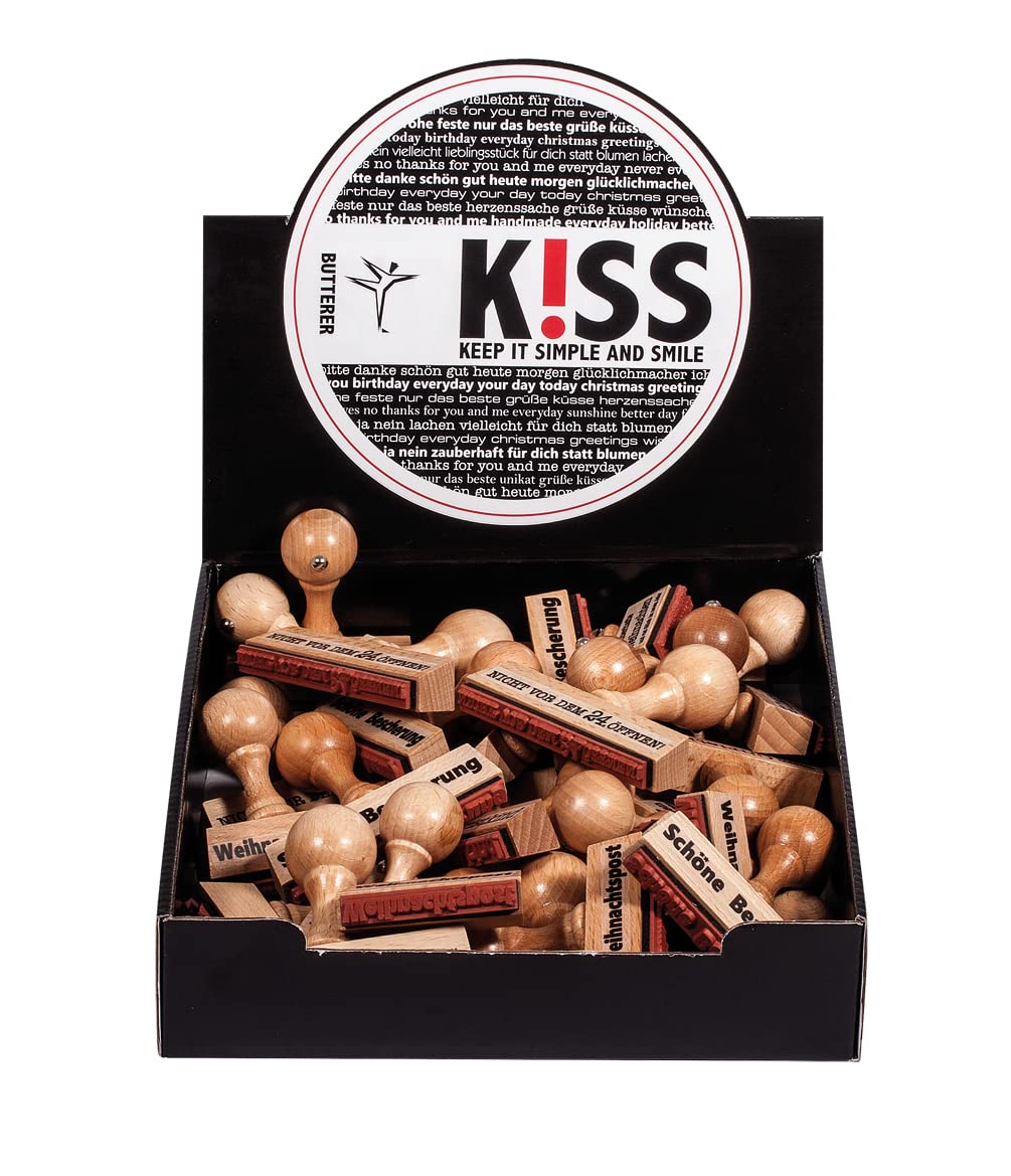 Rayher, Butterer 30 Wood Mounted Rubber Stamps for Card Making and Scrapbooking with Seasonal Phrase, diameter 3cm, 29089000