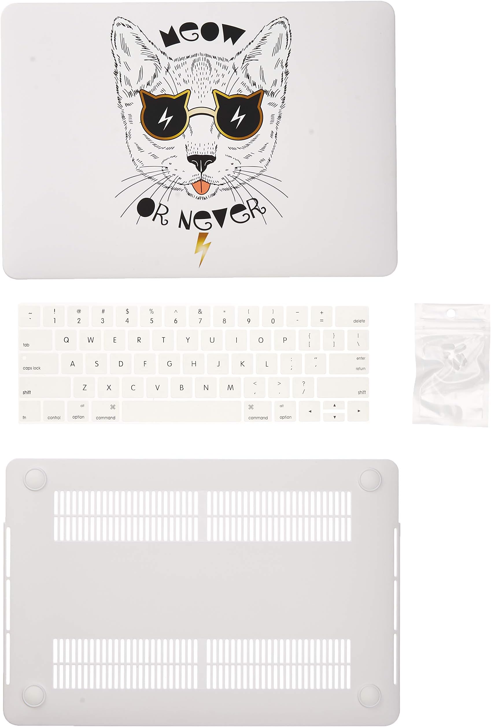 DWON MacBook Pro 13 Case 2017 and 2016 with Keyboard Cover and Dust Plug for Apple MacBook Pro 13 Inch Sleeve Model (A1706 / A1708 with/Without Touch Bar) - White Cat