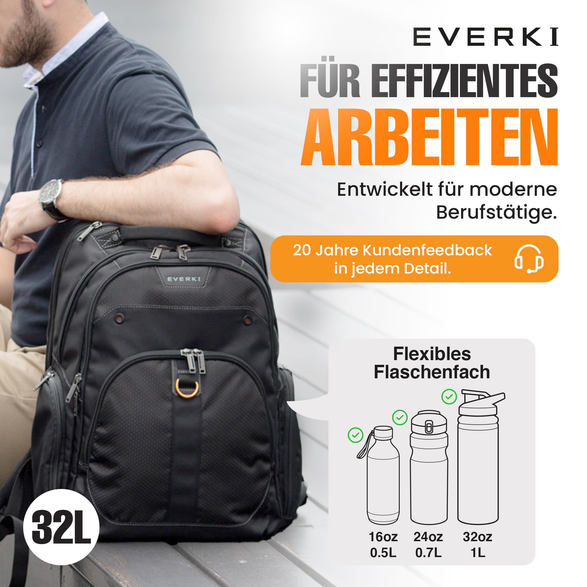 Everki Atlas Business-Laptoprucksack 32 L für 13–17,3 Zoll – ergonomischer, reisefreundlicher Notebook-Rucksack mit anpassbarem Laptopfach – schwarz 3