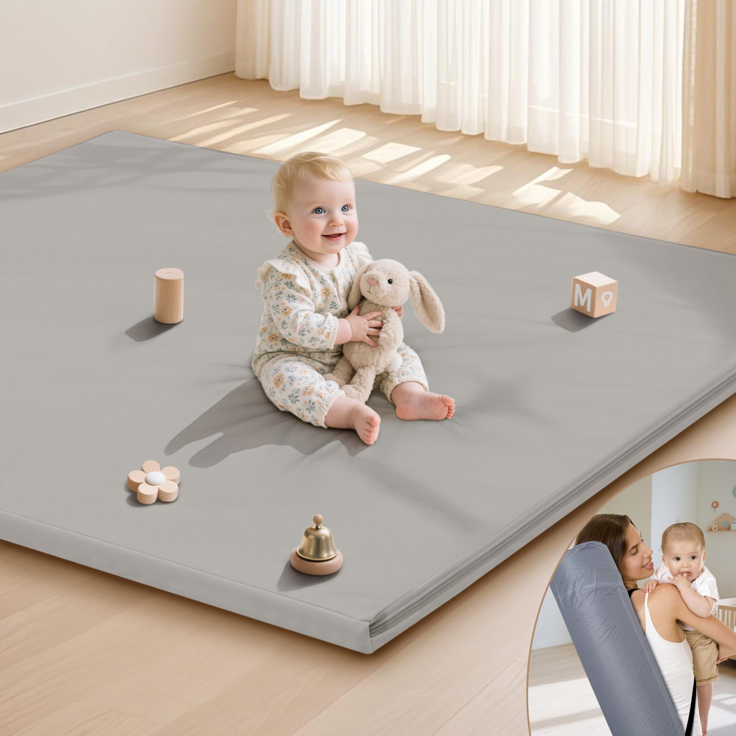 Photo 1 of HARBOLLE Baby Play Mat 47x47 Inches, Extra Thick 1.2" Foam Floor Mat for Tummy Time & Crawling, Waterproof Non-Slip Faux Leather Playpen Mat for Infants Toddlers, Indoor Outdoor Gym Activity, Gray