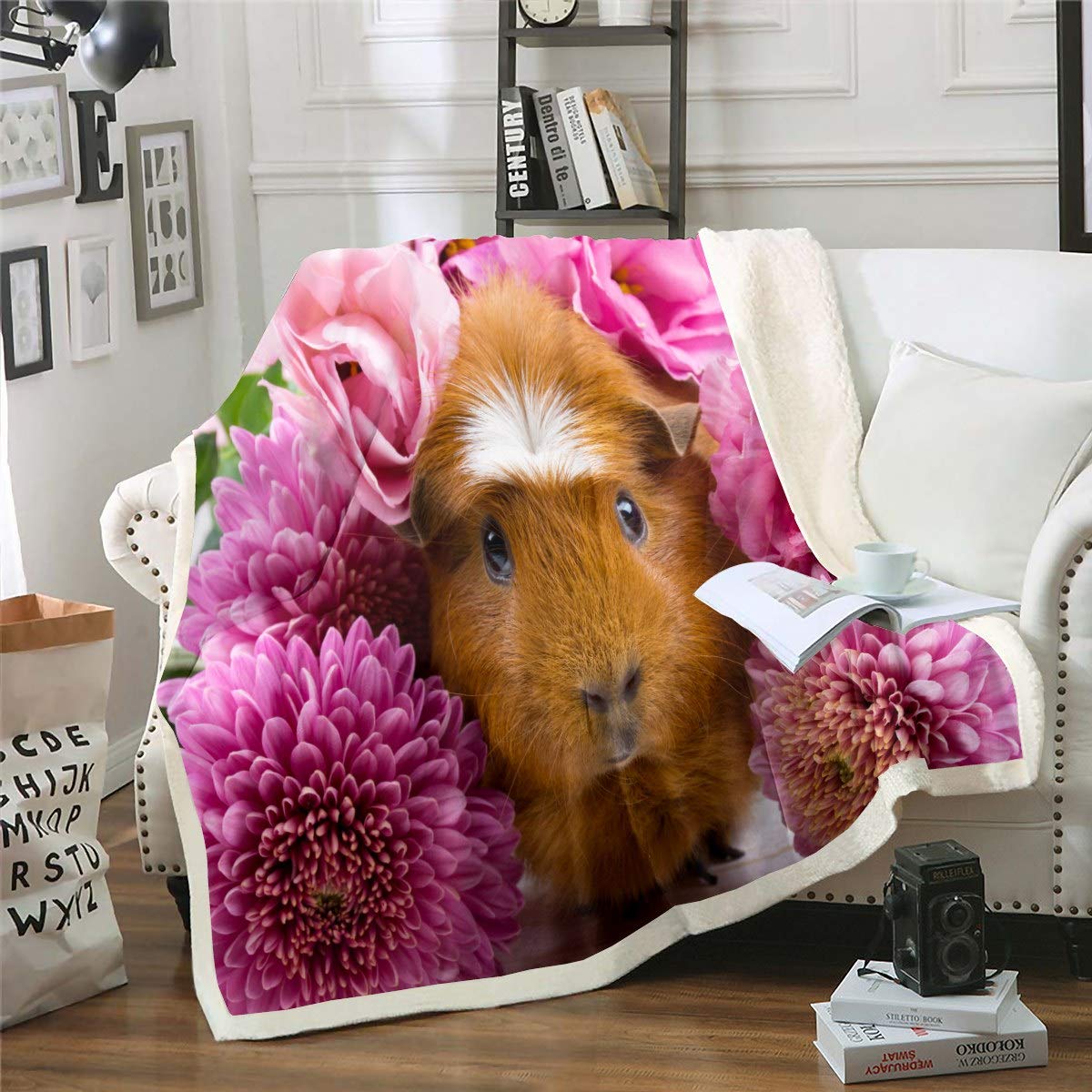 Loussiesd Cute Guinea Pig Throw Blanket 3D Animal Pattern Fleece Blankets for Kids Boys Girls Teens Floral Print Sherpa Blanket Nature Theme Fuzzy Blanket Room Decor Plush Blankets Single 50"x60"