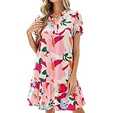 dowerme Womens Summer Dresses 2026 Puffy Sleeve V Neck Loose Floral Print A Line Boho Mini Babydoll Dress with Pockets