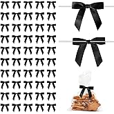 On-Airstore 50pcs 2.5" Twist Tie Bows Satin Black Ribbon Bow for Gift Wrapping Treat Bags Mini Premade Bows for DIY Crafts Cake Wedding Baby Shower Birthday Party Favors Decorations