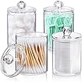 4 PACK Qtip Holder Dispenser for Cotton Ball, Cotton Swab, Cotton Round Pads, Floss Picks - 10 oz Clear Plastic Apothecary Ja