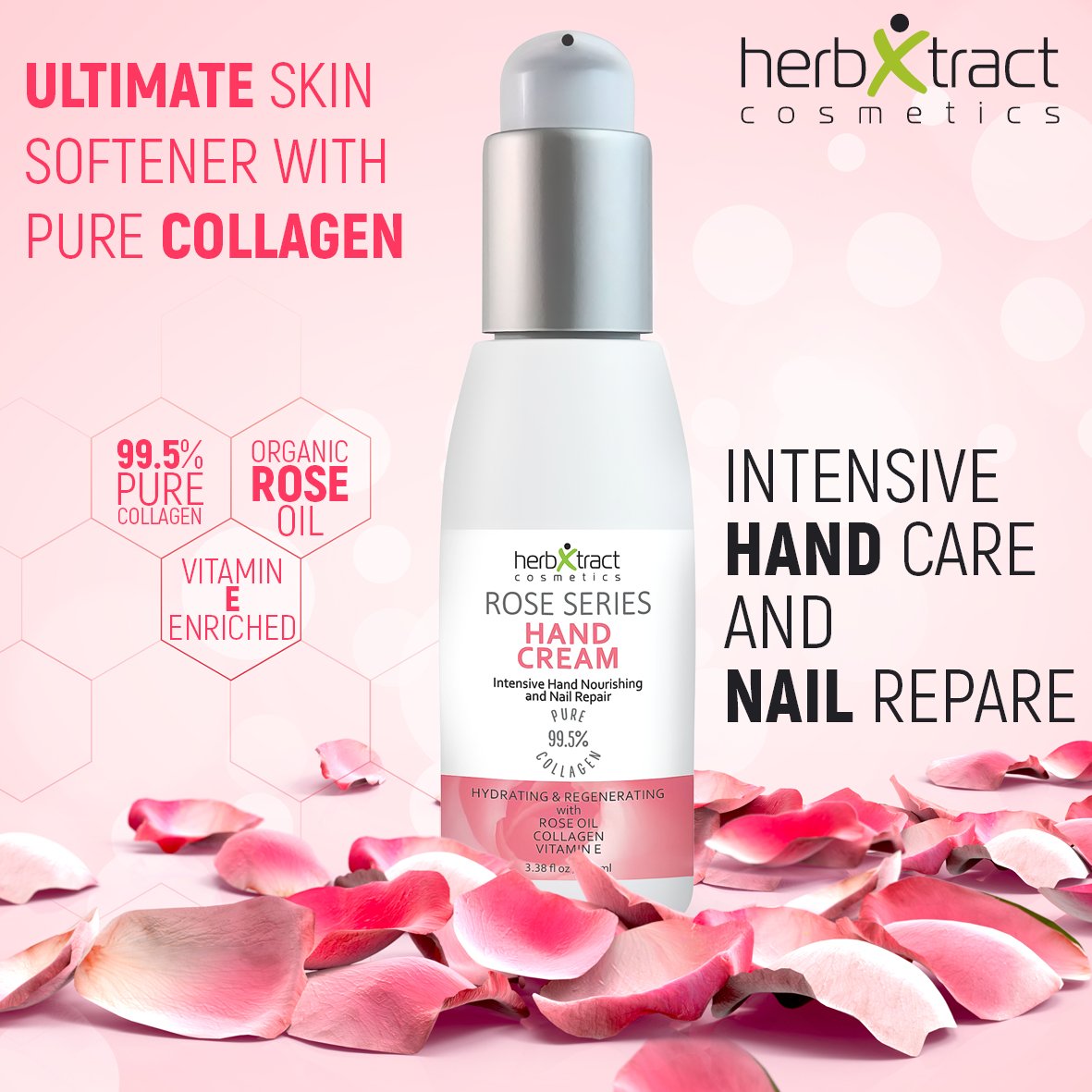 Hand Cream with Collagen, Essential Rose Oil, Keratin and Vitamin E - Anti-aging Lotion for Dry Aging Hands. For Silky Smooth Hands Skin Moisturizer by HerbXtract, 3.4 Fluid Ounces : Beauty