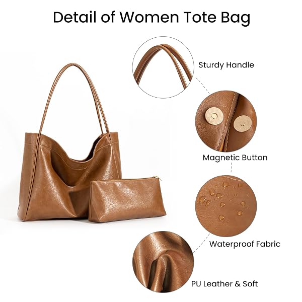 VOCUS TOTE BAG FOR WOMEN 2PCS LARGE CASUAL PU WEEKENDER BAG SOFT VEGAN LEATHER SHOULDER HOBO HANDBAG PURSE TRAVEL OVERSIZE