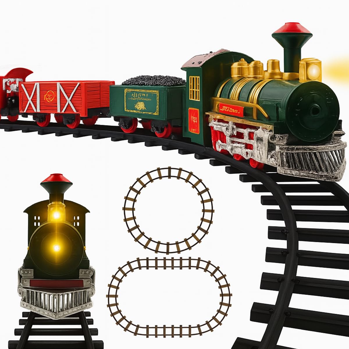 Toyana 12 Pcs Kids Toy Train Set, Electric Train Toy with Light up Engine, Realistic Sound, Christmas Model Railway with Locomotive, Carriages Tracks Accessories Gift for Children 3+ Years