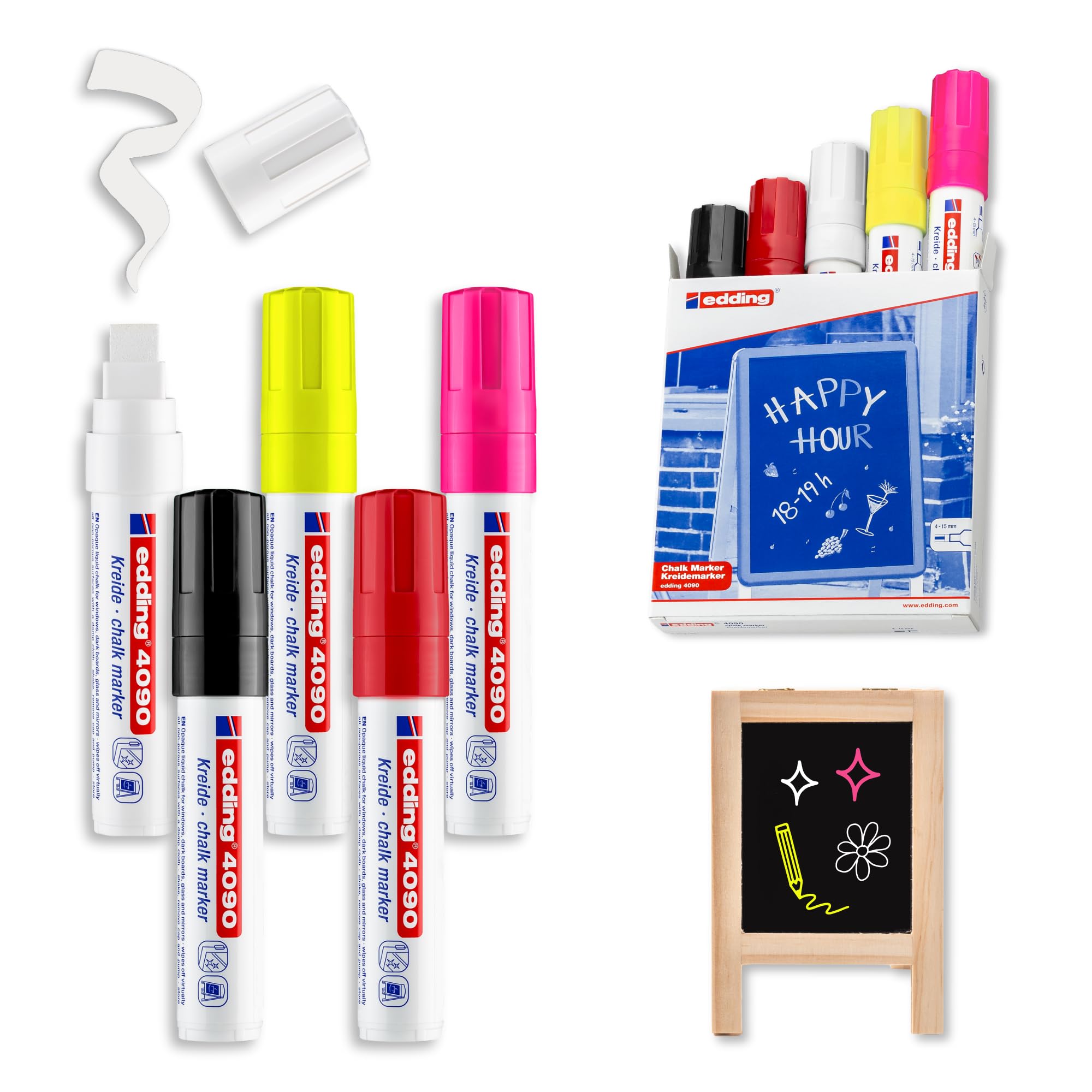 edding 4090 chalk marker - multi-coloured (basic) - 5 chalk pens - chisel nib 4-15 mm - wet wipe pen for chalkboards, windows, glass, mirrors - liquid chalk marker pens for opaque coverage