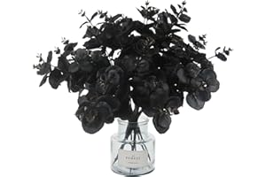 Tinsow 5 Pcs Black Artificial Eucalyptus Stems Faux Eucalyptuses Branches Black Leaf Halloween Centerpiece Halloween Home Decor (Black, 5)