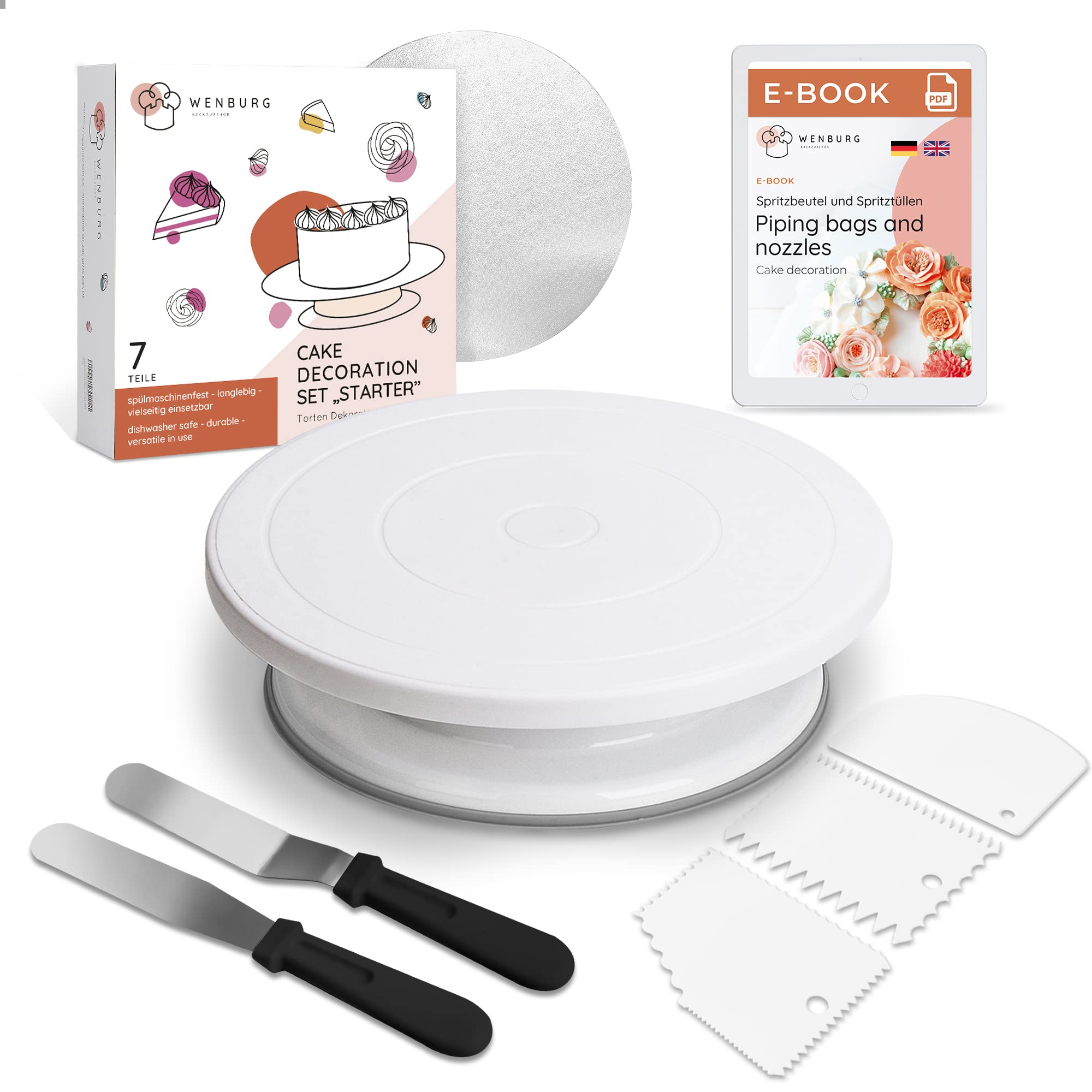 Wenburg Turntable Cake Decorating Kit - Cake Decorating Tools - Cake Decorations with Spinning Cake Stand, Cake Smoother, Spatulas, Cake Board, eBook (Turntable Set Starter)