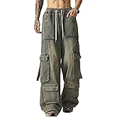 Bakyarder Men's Vintage Washed Cargo Jeans, High Waist, Baggy Wide Leg, Unisex Streetwear with Multiple Pockets