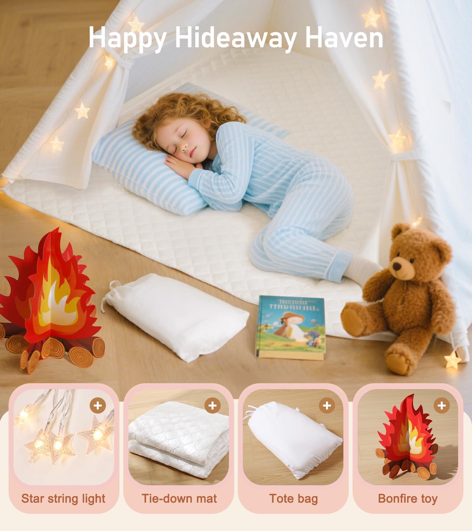 little dove Teepee Tent for Kids Foldable Teepee Play Tent with Carry Case, Banner, Fairy Lights, Olives Branches, Four Poles Style Raw White Color - New Version Tiny House