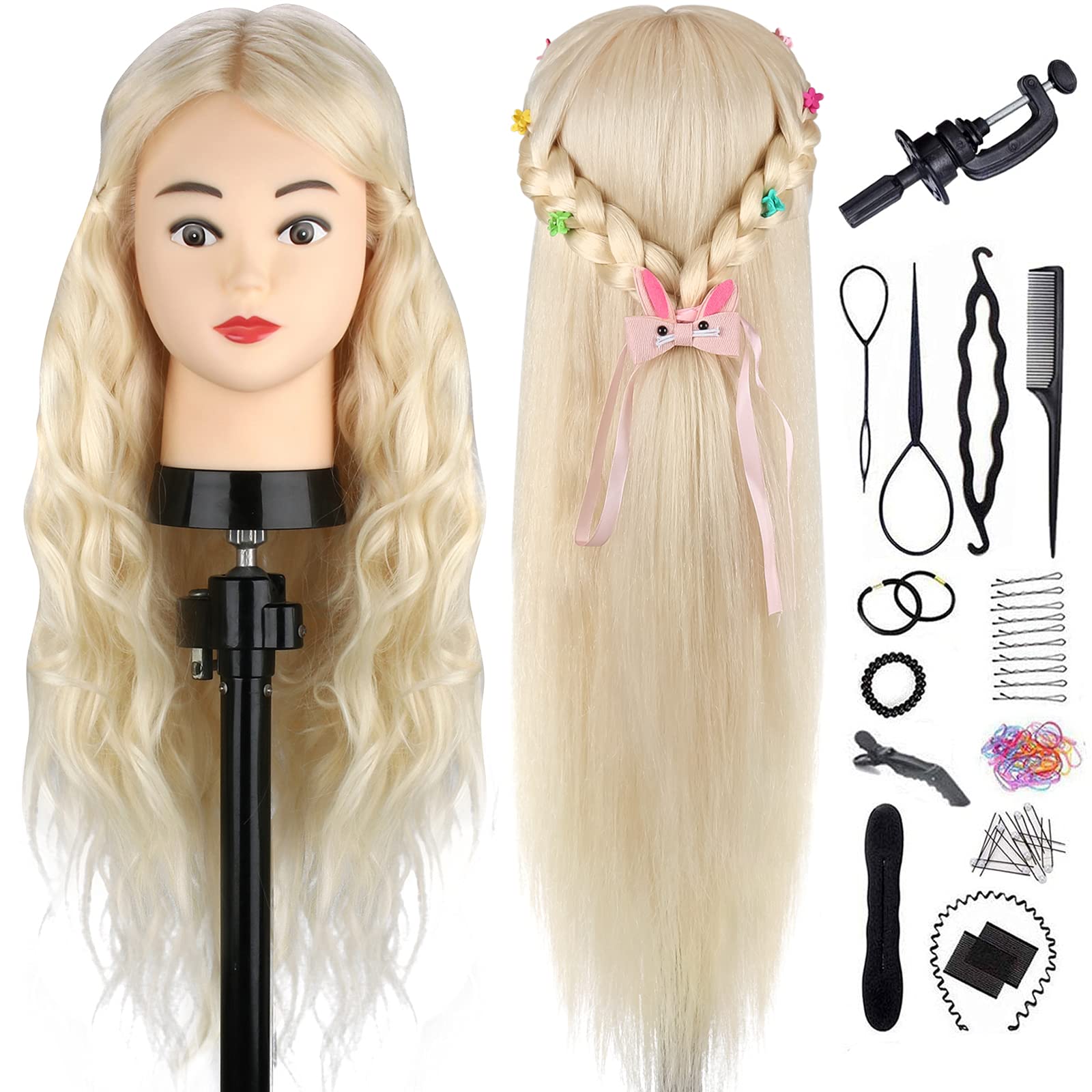 TopDirect Training Head 24 inch 70% Real Hair Cosmetology Hairdressing Mannequin Manikin Dummy Head Doll with Table Clamp Holder + Braid Set
