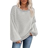 Soesdemo Womens Oversized Sweater Off The Shoulder Crewneck Striped Cute Long Sleeve Knitted Pullover Tunic Sweaters