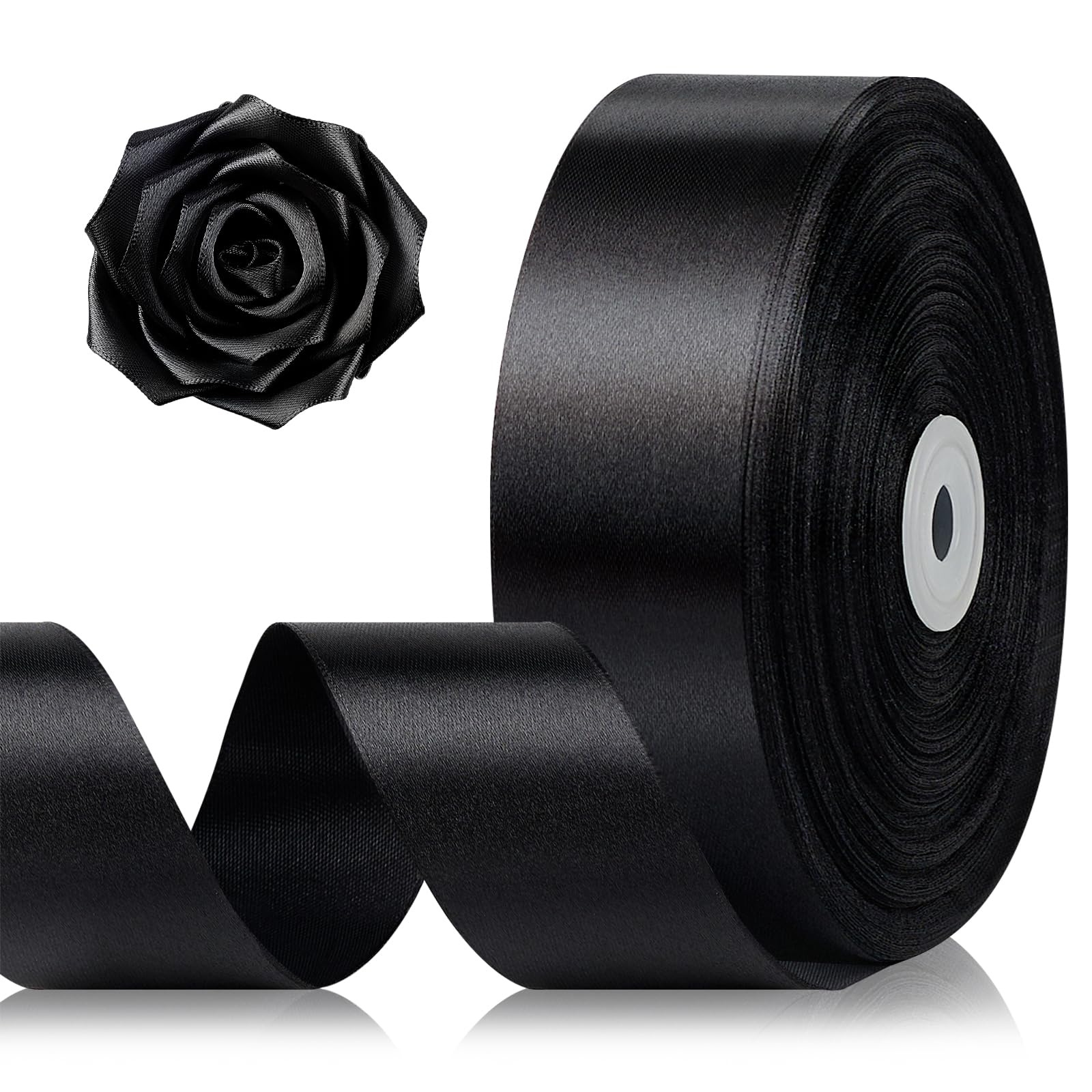 Photo 1 of 1-1/2 Inch 100 Yards Black Satin Ribbon, Solid Fabric Ribbon Roll for Flower Bouquet, Gift Wrapping, Roses Making, Handmade Crafts