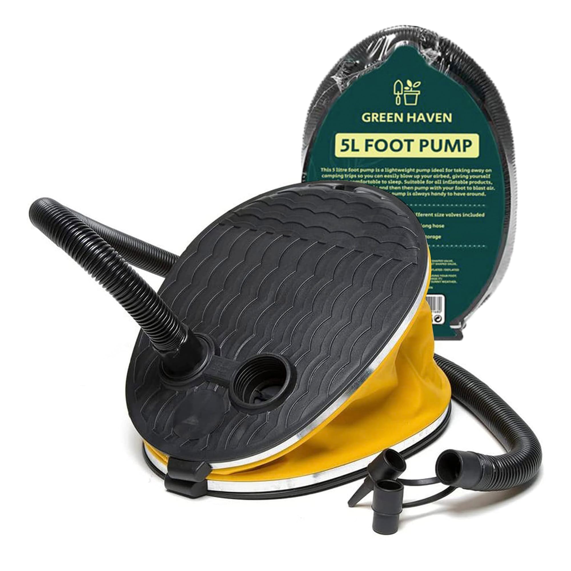 GREEN HAVEN Powerful 5 Litre Foot Pump - Lightweight Manual Air Bed Pump, Compact for Airbed Inflatables with 2 Nozzles, Sturdy Air Mattress Pump for All Inflatables