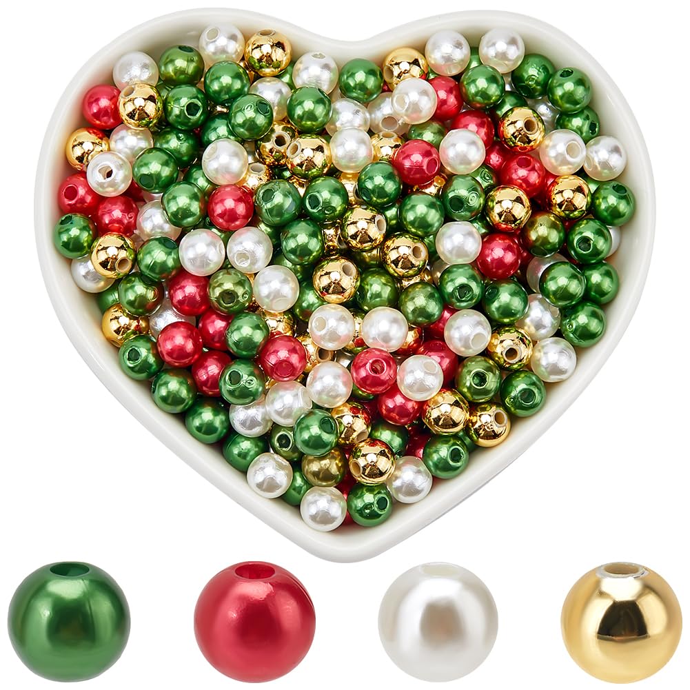 SOFPLATE 1200pcs 4 colors 6mm Plastic Pearls Beads Christmas Acrylic Beads Round Red White Mini Imitation Pearl Loose Spacer Bead with Holes for Jewellery Making Crafts Wedding Decor DIY Accessories