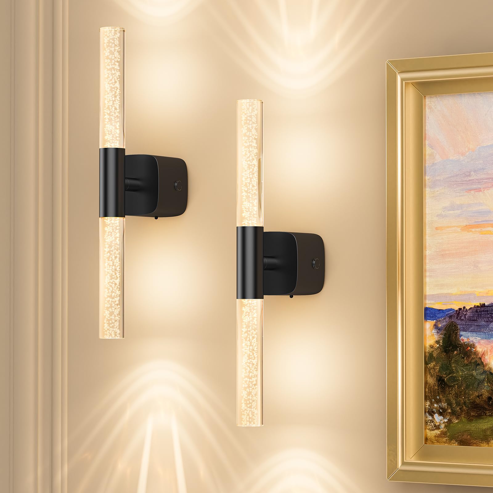 Photo 1 of Eclipterra Battery Operated Wall Sconce Set of 2 Black Rechargeable Crystal Sconce Wall Decor Set of 2 with 12000mAh 16" CCT Dimmable 350° Rotate Remote Wireless Wall Light for Bedroom Living Room