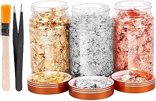 KKSJK 3 Flaschen Gold Flakes, Blattgold Flocken Dekorfolie, Gilding Flakes Set, Imitation Metallic Folienflocken for DIY Kunsthandwerk, Nagelkunst, Harzschmuck (Hergeben Pinsel und eine Pinzette)