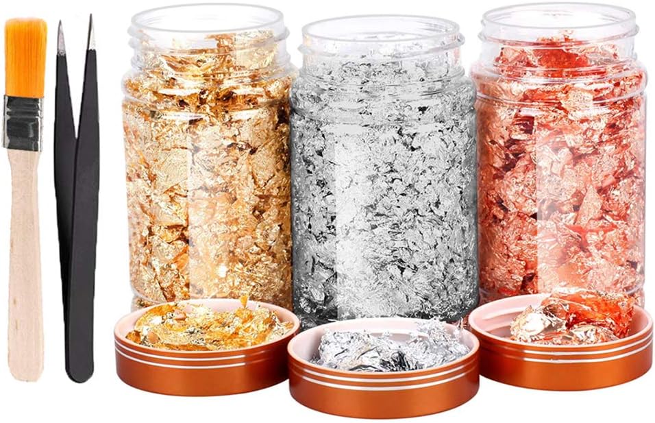 KKSJK 3 Flaschen Gold Flakes, Blattgold Flocken Dekorfolie, Gilding Flakes Set, Imitation Metallic Folienflocken for DIY Kunsthandwerk, Nagelkunst, Harzschmuck (Hergeben Pinsel und eine Pinzette)