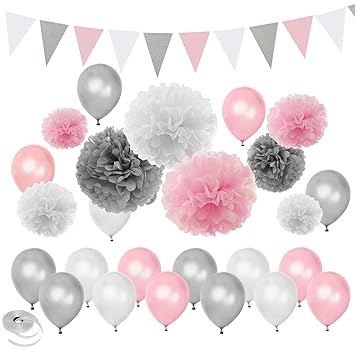 Kreatwow Pink Silver White Themed Baby Shower Party Decorations