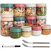 12Pack Overnight Oats Containers with Lids, 16oz, 8oz & 4oz Glass Jars with Airtight Lids, Wide mouth Mason Salad jars, Glass Food Storage Containers for Yogurt Chia Pudding Snacks Cereal & Spices