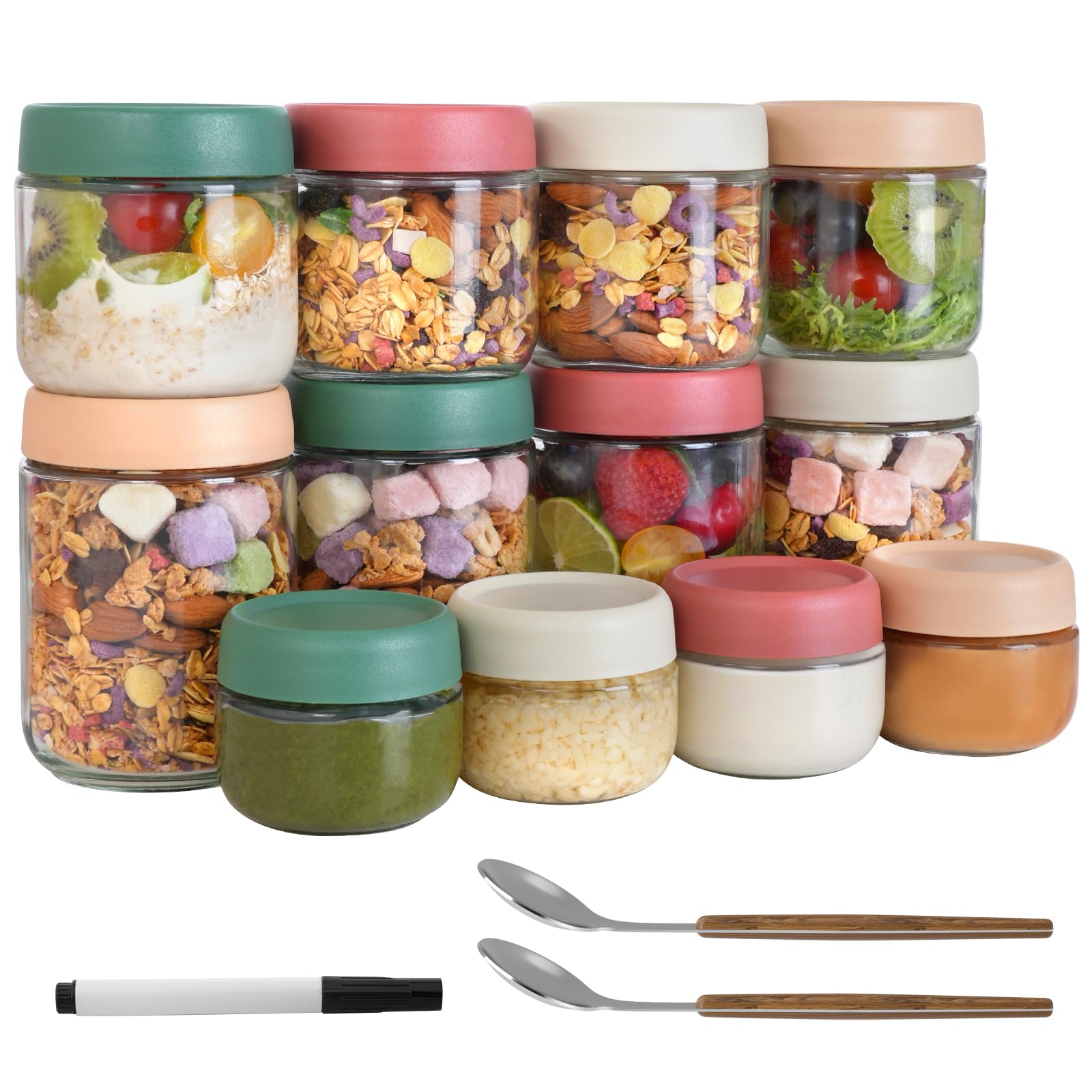 Photo 1 of 12Pack Overnight Oats Containers with Lids, 16oz, 8oz & 4oz Glass Jars with Airtight Lids, Wide mouth Mason Salad jars, Glass Food Storage Containers for Yogurt Chia Pudding Snacks Cereal & Spices