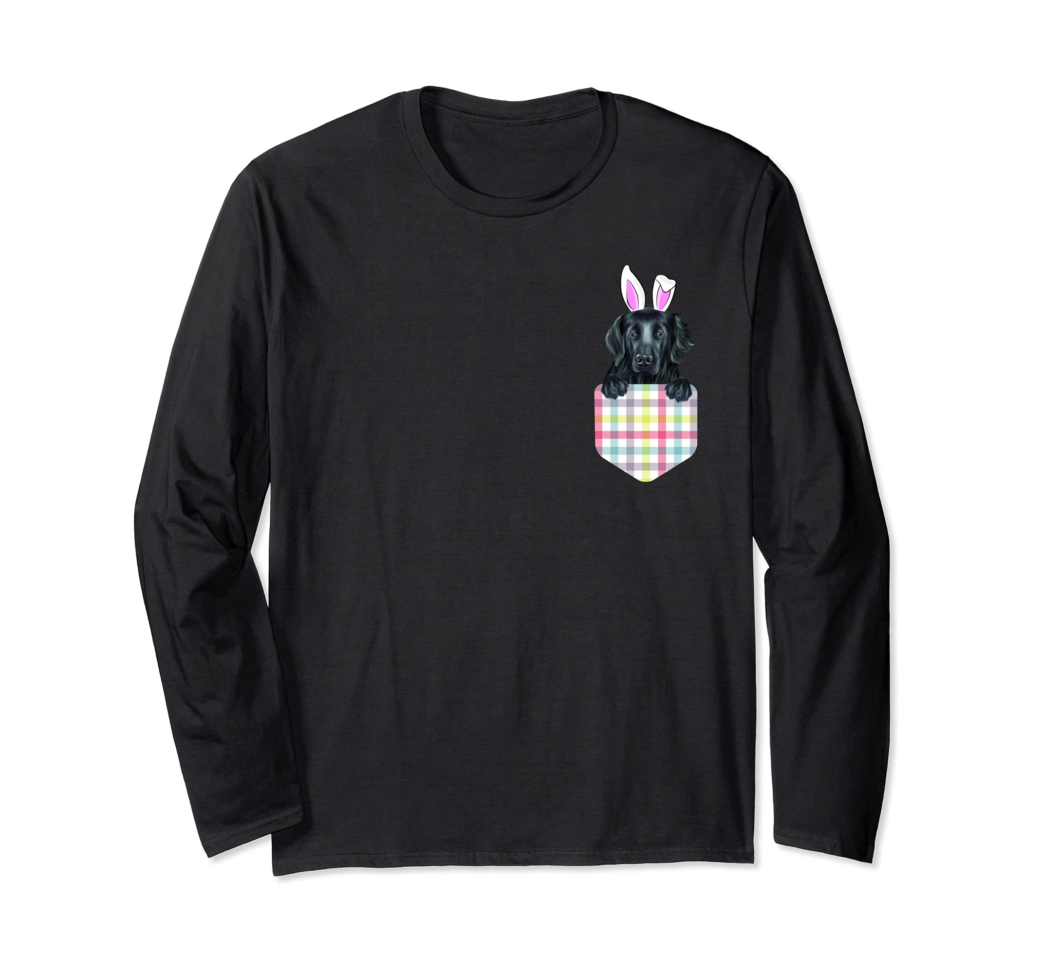 Easter Plaid Flat-Coated Retriever Bunny Dog In Pocket Long Sleeve T-Shirt