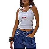 Floerns Women's Letter Print Scoop Neck Tank Tops Buckle Sleeveless Fitted Summer Top